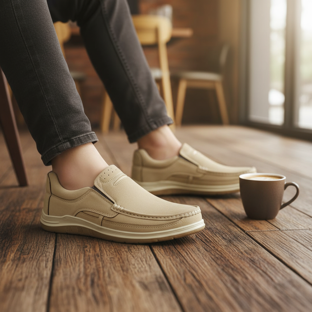 Men’s Beige Soft-Touch Medicated Loafer Suede Jogger | Non-Slip Ergonomic Sole – Pure Handmade Comfort