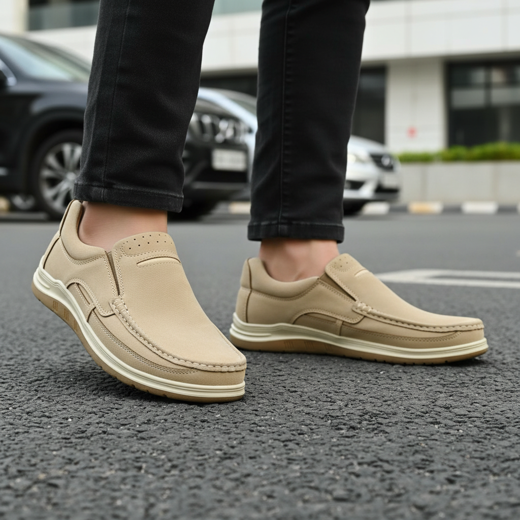 Men’s Beige Soft-Touch Medicated Loafer Suede Jogger | Non-Slip Ergonomic Sole – Pure Handmade Comfort