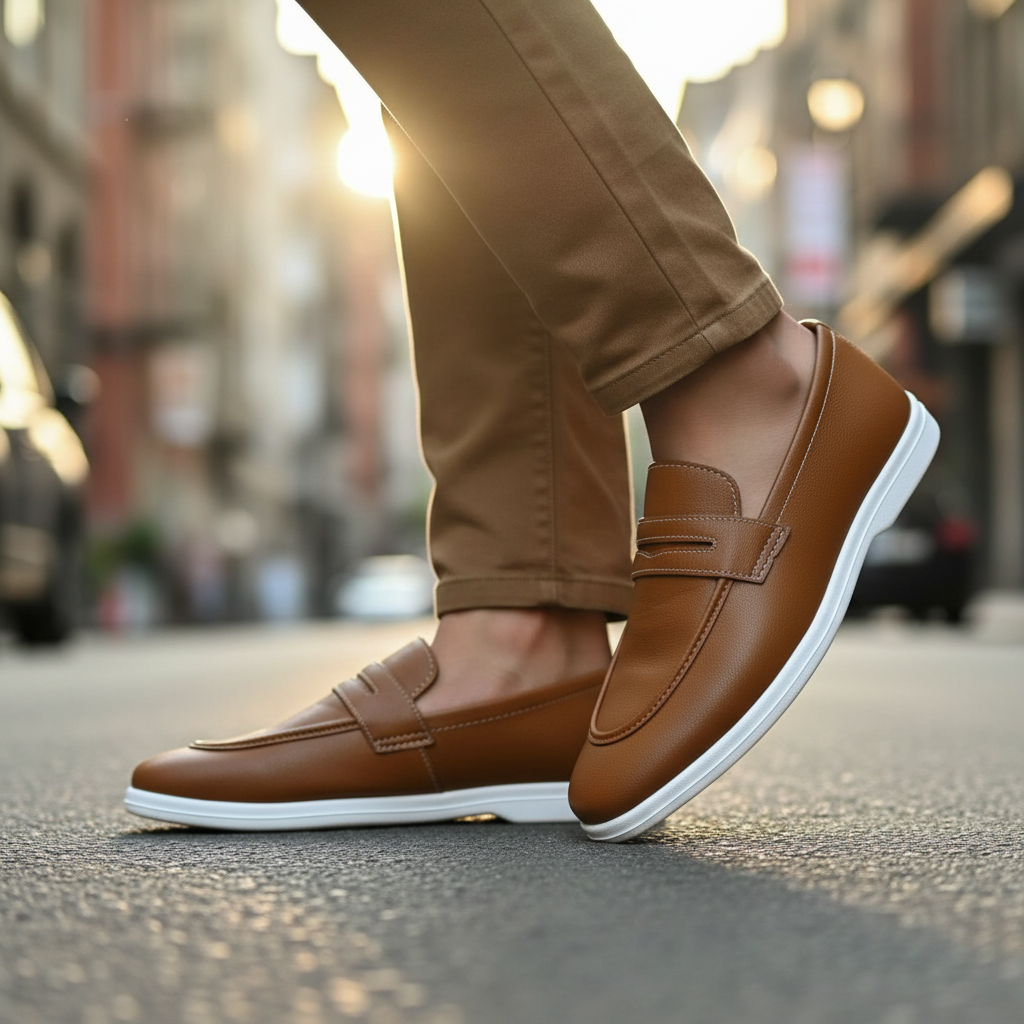 Pure Handmade Camel Brown Loafer with Cushioned White Sole | Modern Formal-Casual Hybrid